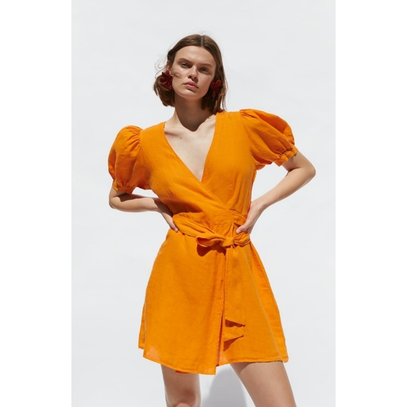 Zara Dresses & Skirts - Zara orange linen wrap dress